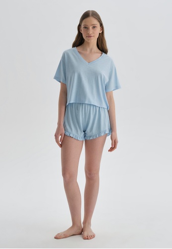 DAGİ blue Light Blue Pyjama Set, V-Neck, Regular Fit, Short Sleeve Homewear And Sleepwear for Women DD492AA90367CAGS_1