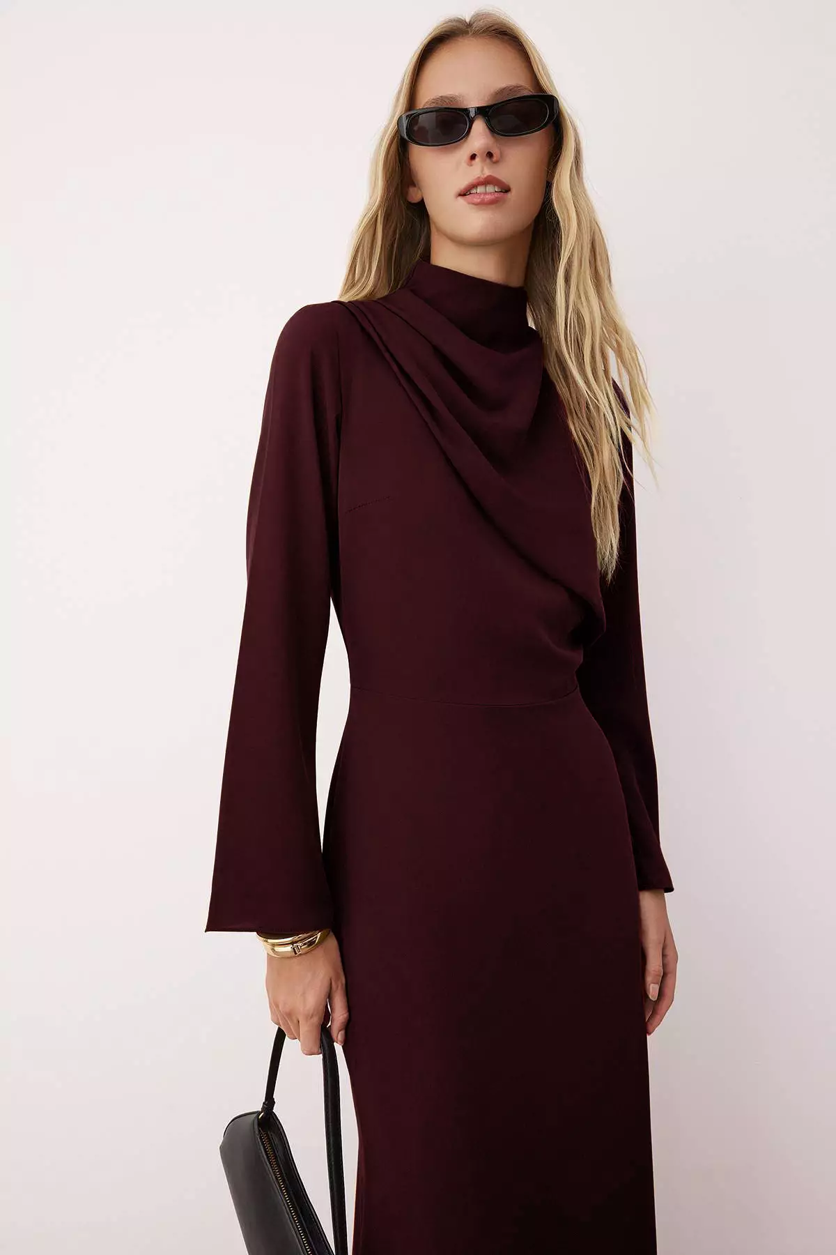Burgundy Drape Detailed Woven Evening Dress Tctaw26Db00000