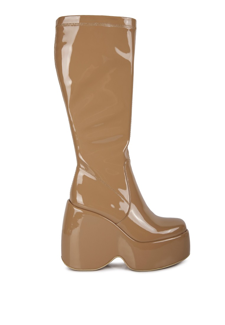 Beige patent High Platform Calf Boots
