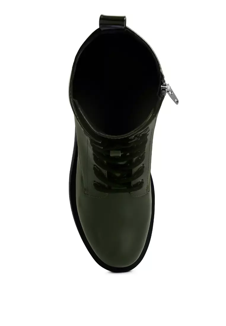 Dark Green Faux Leather Ankle Biker Boots