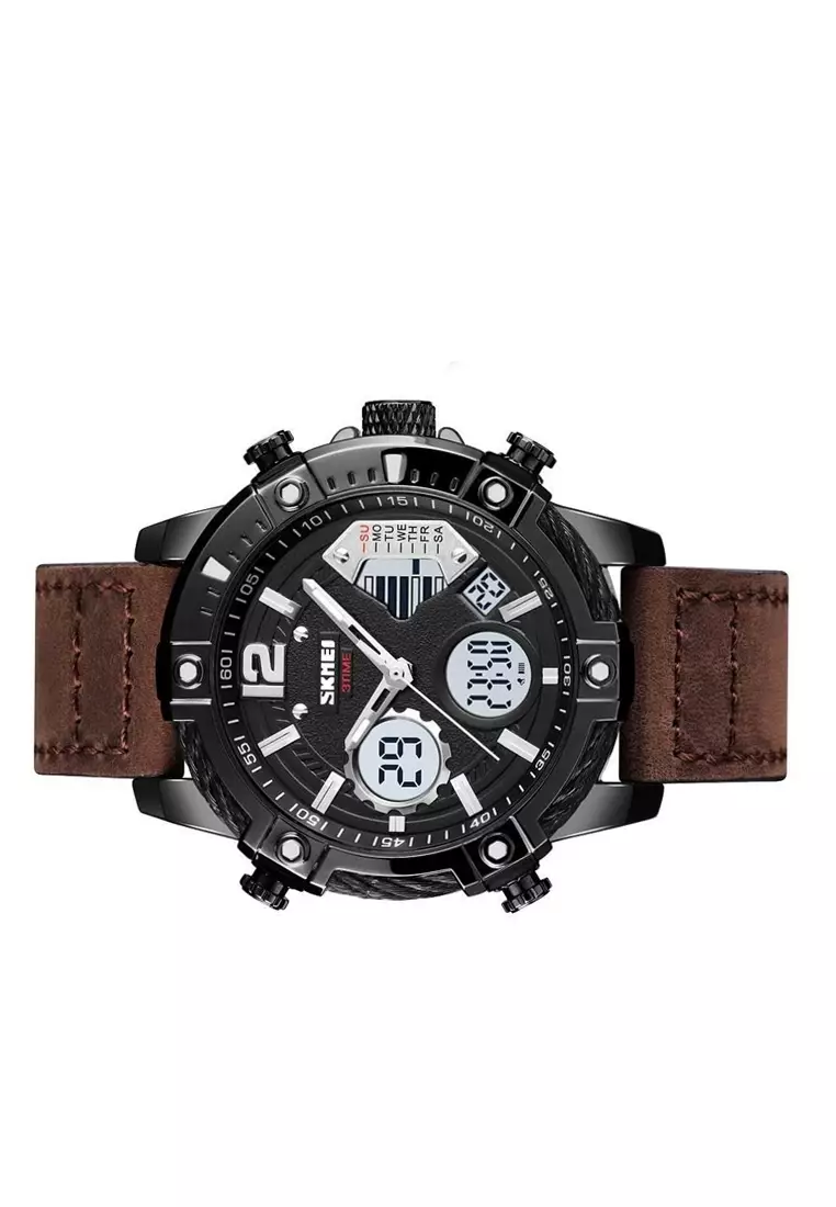 Jam Tangan Casual Digital Analog Pria Strap Tali Material Kulit Leather JA10 ORIGINAL