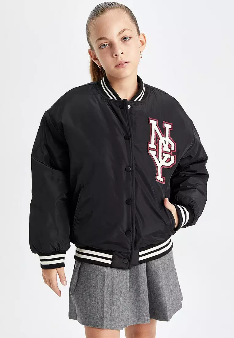 Water Repellent College Collar Snap Pocket Bomber Jacket