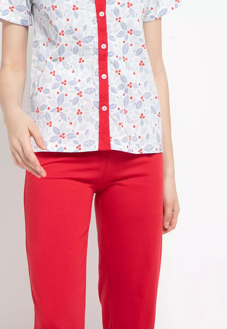 Pyjama Short Sleeve Long Pants Full Button Sleepwear