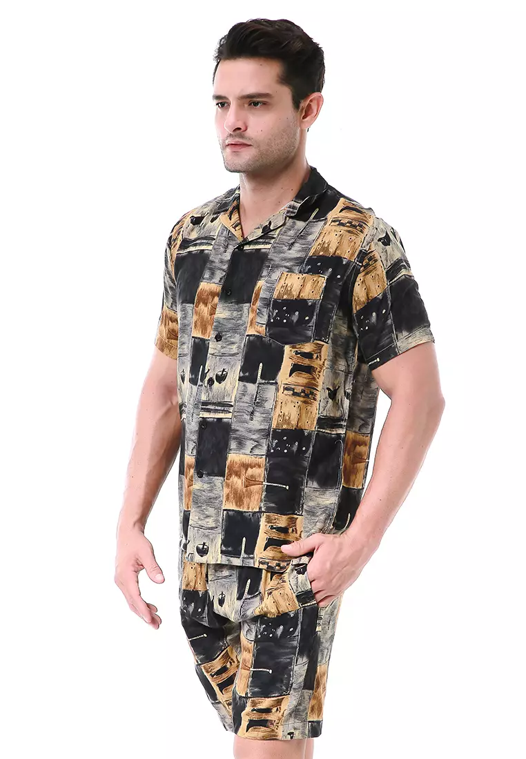 Deon Piyama Pria Kemeja One Set Lengan Pendek AbstrackDZ Motive Material Rayon ORIGINAL - Black Brown