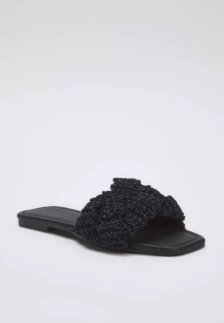 Black Knitted Women Straw Slippers Takss25Te00030