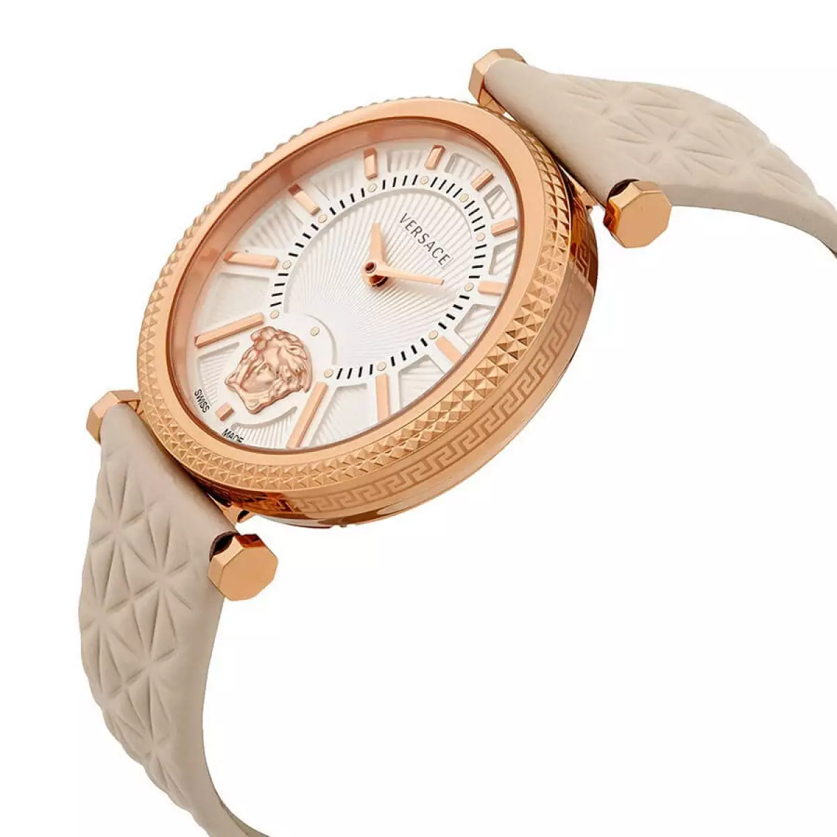 Versace Watch V‑Helix Rose Gold Cream Leather Stainless Steel (Swiss Made)