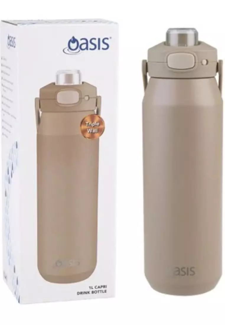 Oasis Ceramic Stainless Steel Triple Wall Capri Quick Release Drink Bottle 1L - Latte