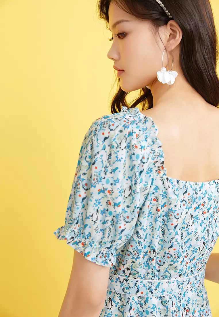 Square Neck Floral Midi Dress