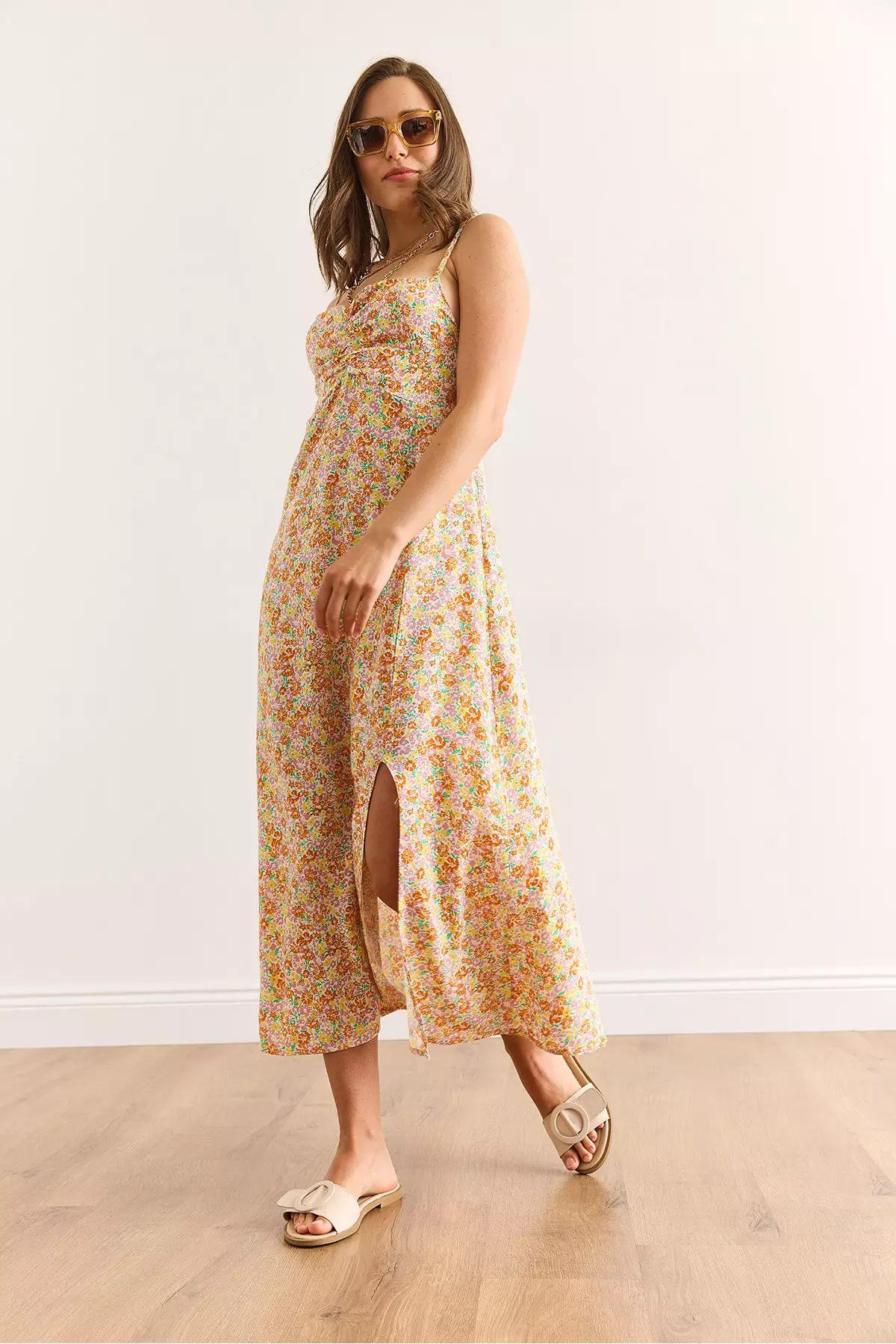 Women's Yellow Orange Strap Adjustable Front Gathered Woven Viscose Dress Elb-19002438