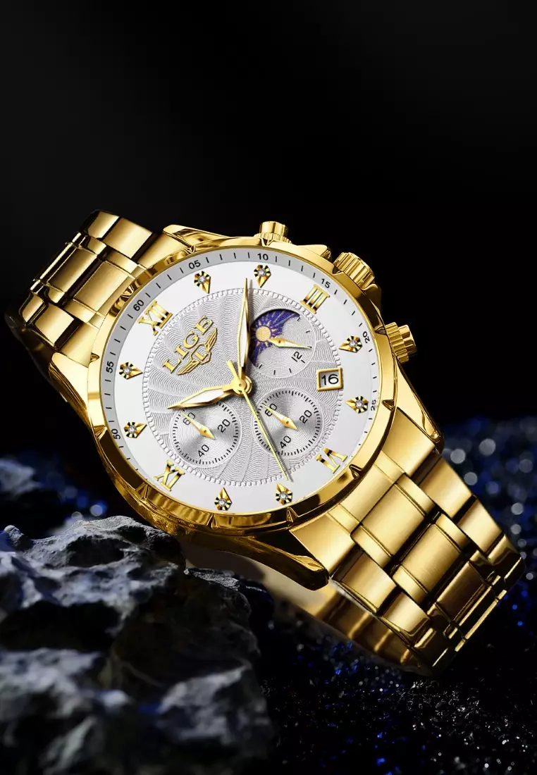 Chronograph Unisex IP Gold Color Stainless Steel Quartz Watch, black dial, Metal Bracelet