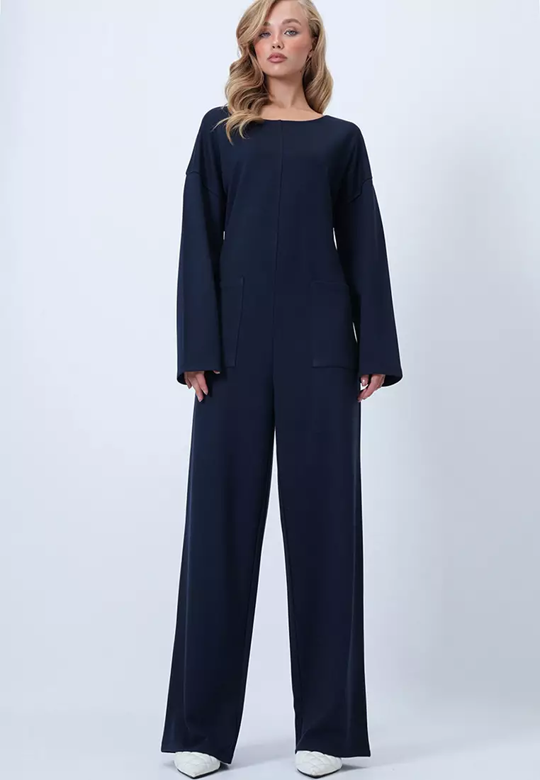 Crew Neck Back Zippered Relaxed Cut Jumpsuit