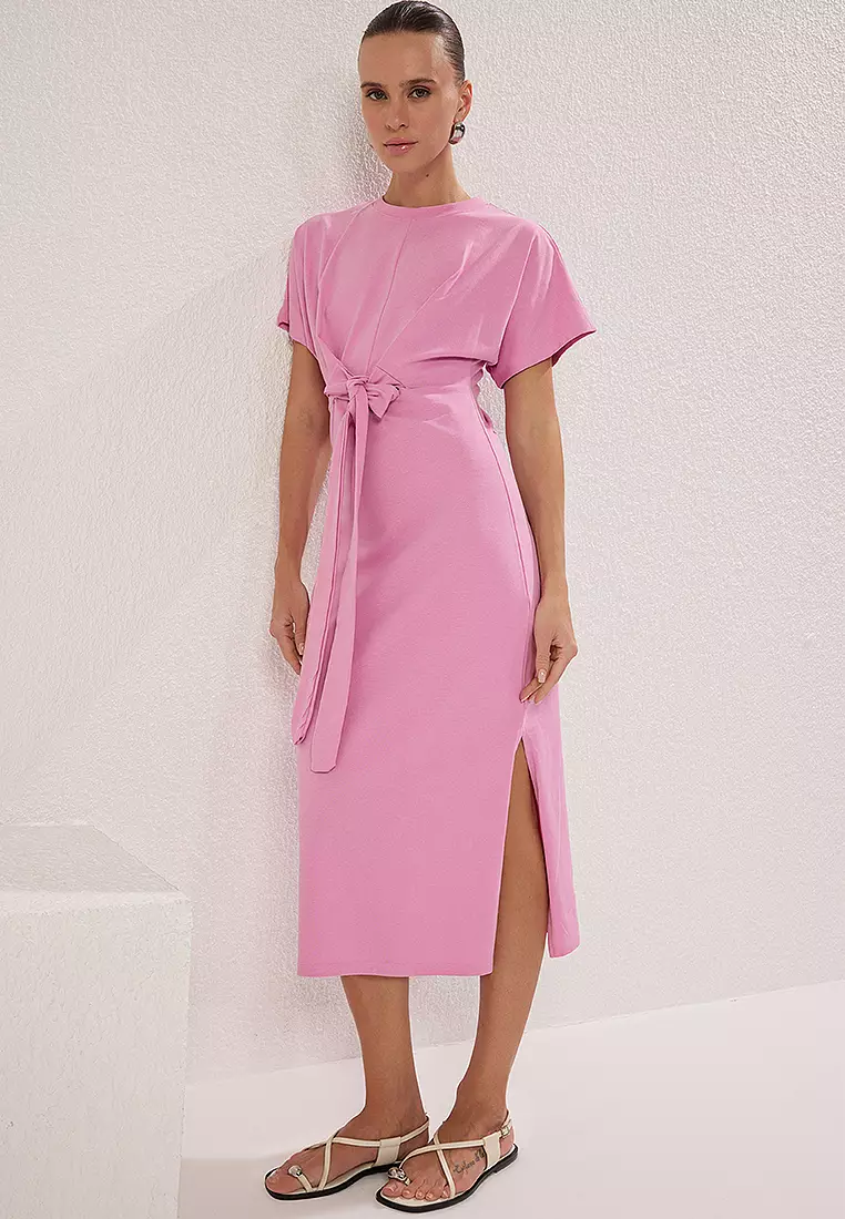 Waist-Sit Slit and Tie Detail Midi Knitted Pencil Dress