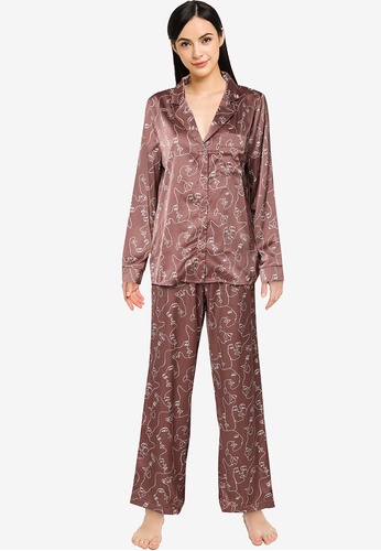 MISSGUIDED brown Sketch Print Pyjama Trouser Set 77720AAC3D54C8GS_1