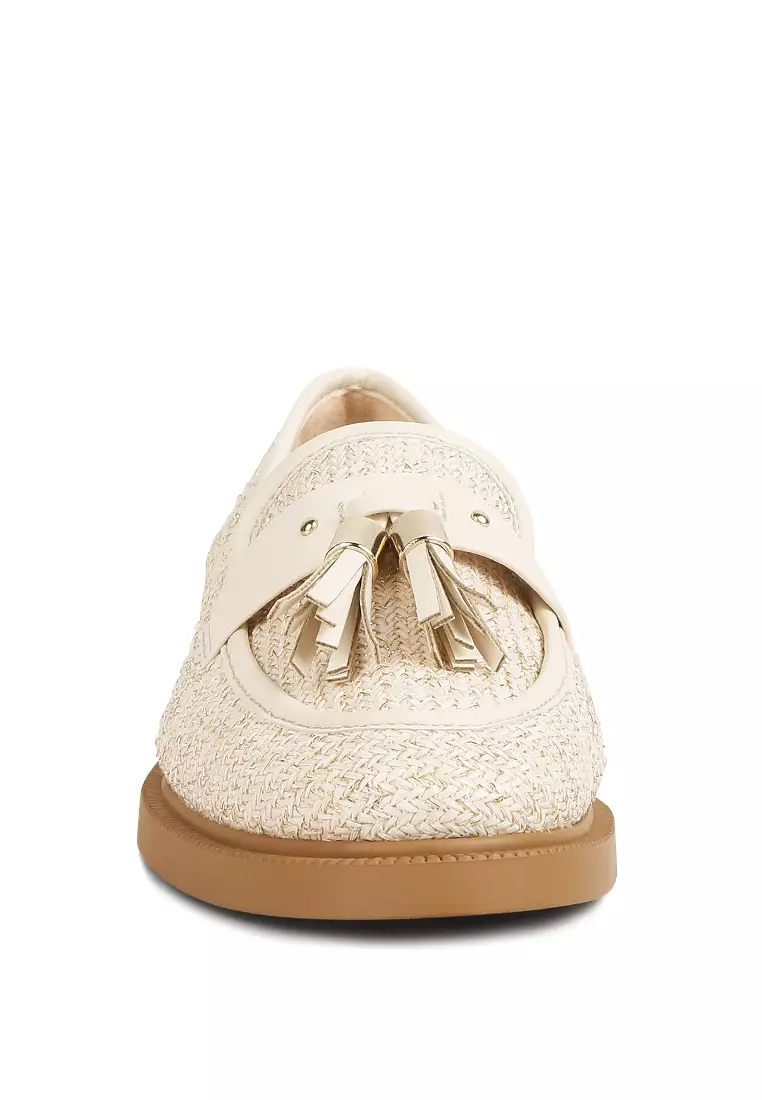 Cream Tassle Detail Rafia Loafers