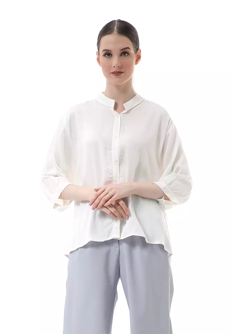 Ghita Kemeja Atasan Wanita Motif Polos Long Sleeve High Quality - Putih Gading