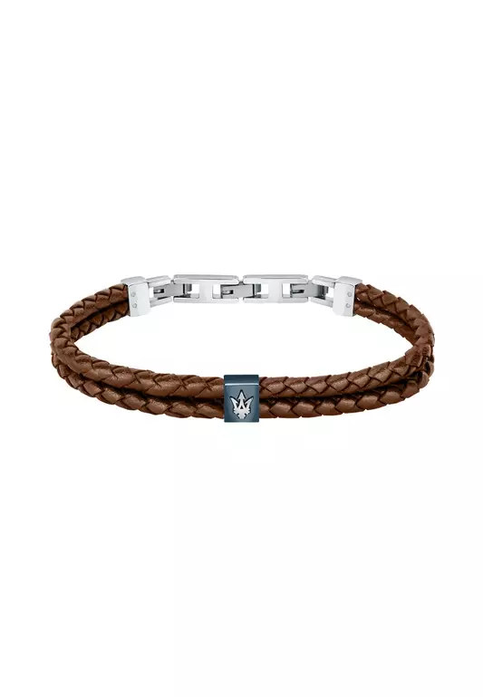 Maserati Jewels 220mm Men's Leather Stainless Steel Bracelet, Brown, JM422AVE14 (Adjustable)