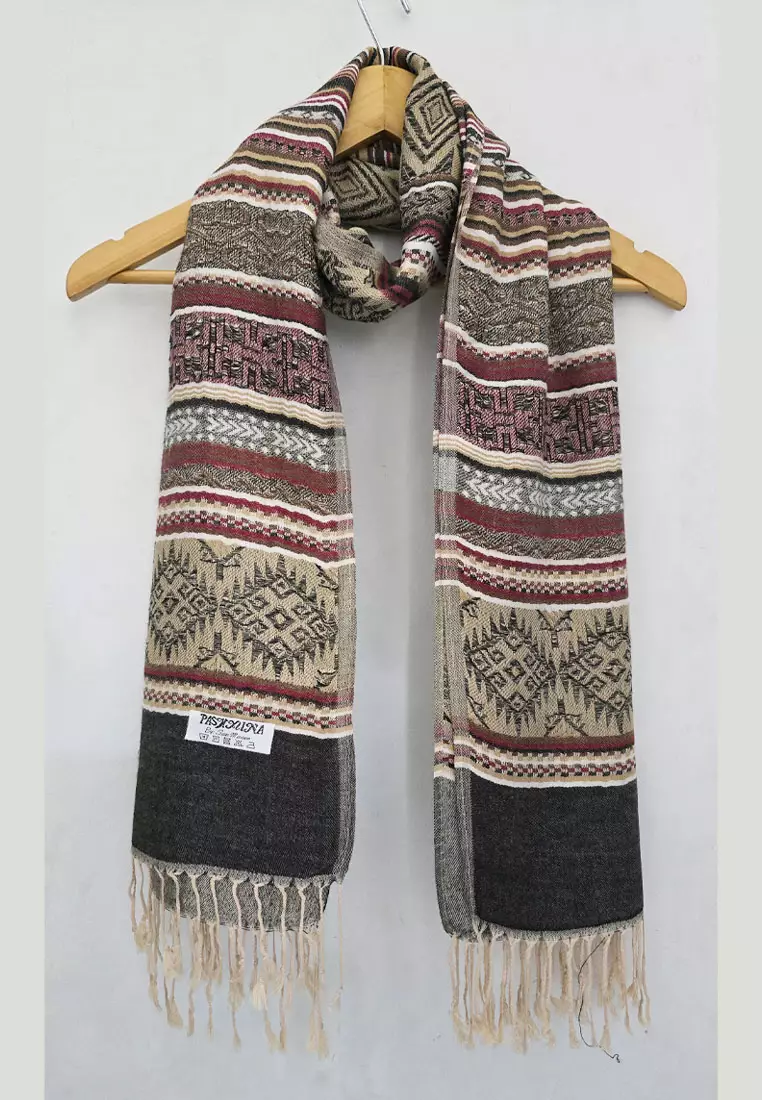 Reversible Viscose Ethinic Stripes Pattern Pashmina Shawl Syal Wanita Black, Beige & Maroon
