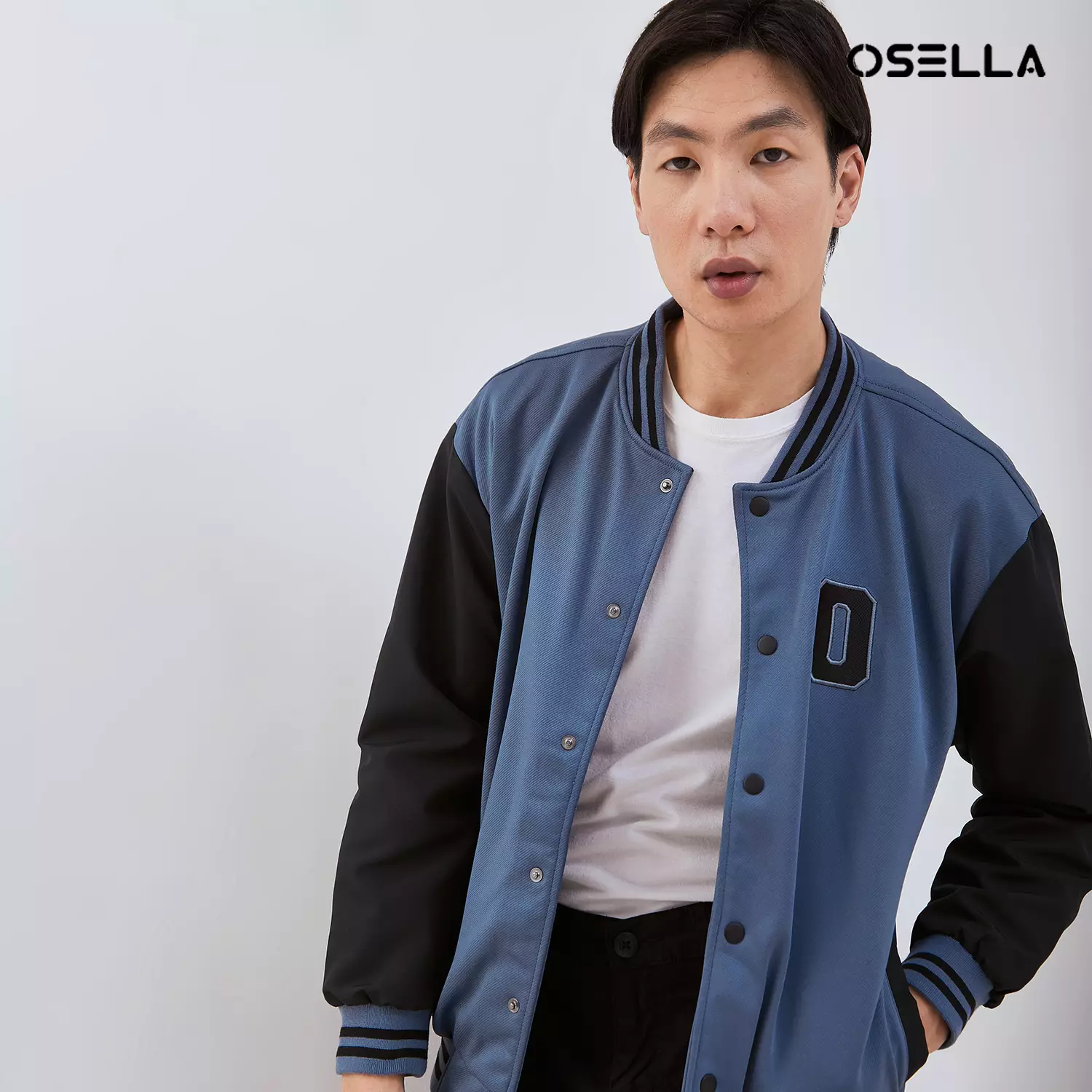 [NEW] Osella Jin Varsity Jacket In Smoke Blue And Black Combination 1061400760 | Jaket Lengan Panjang Pria