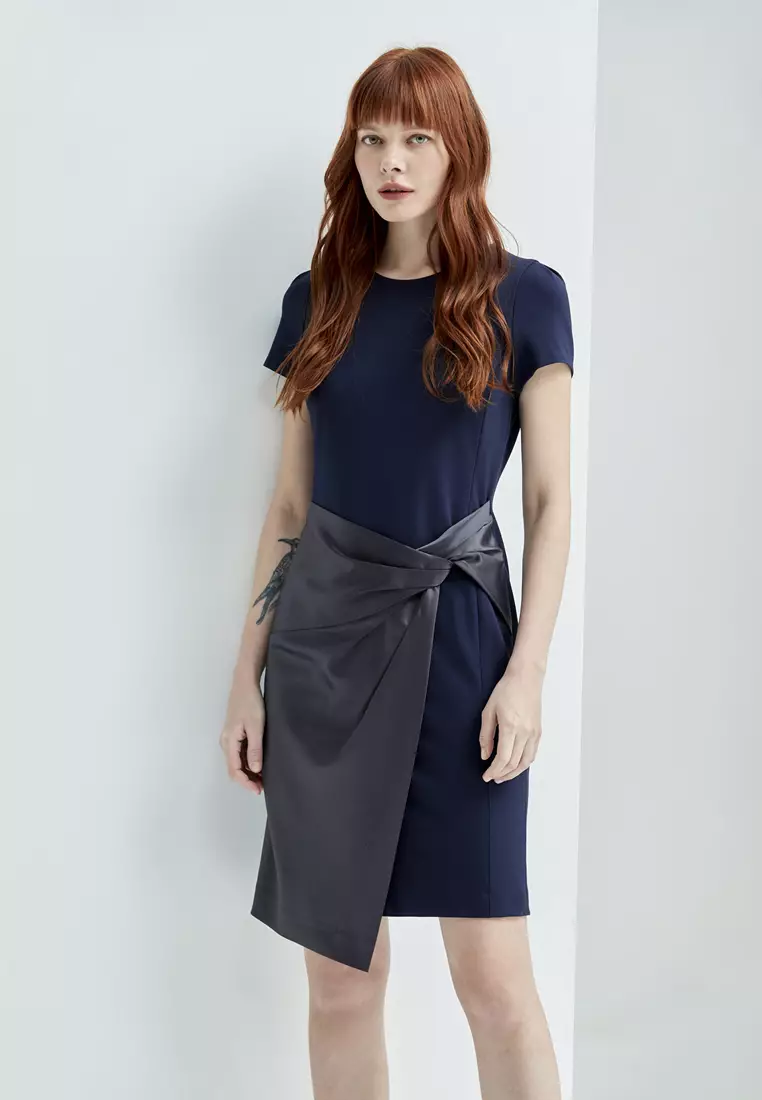 Navy Asymmetric Short Sleeve Dress