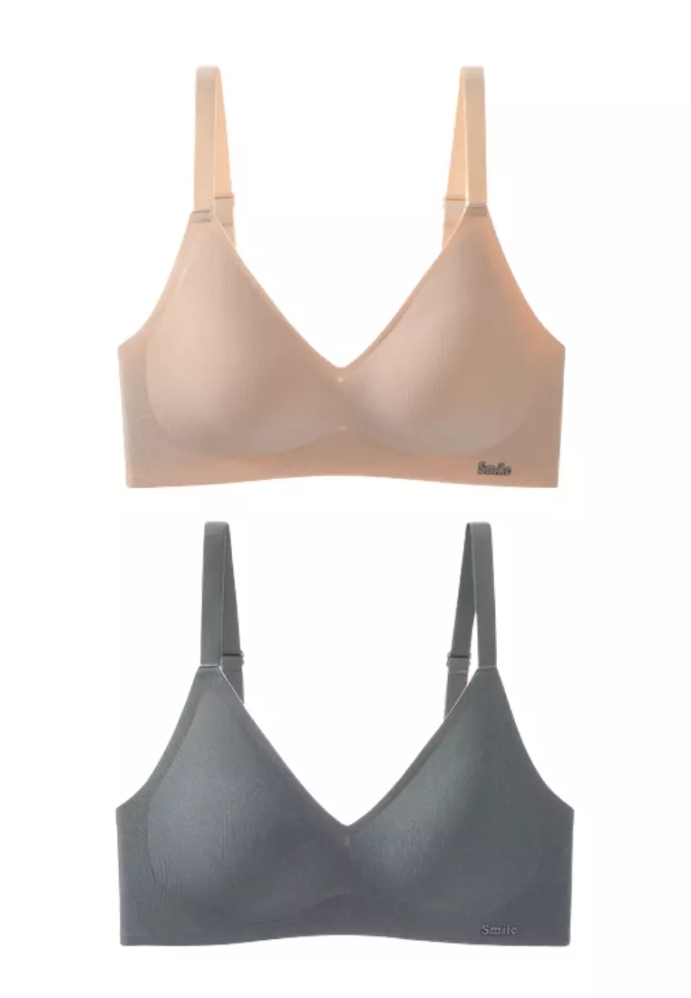 2 Pack Premium Melanie Seamless Wireless Padded Support Bra in Grey and Nude