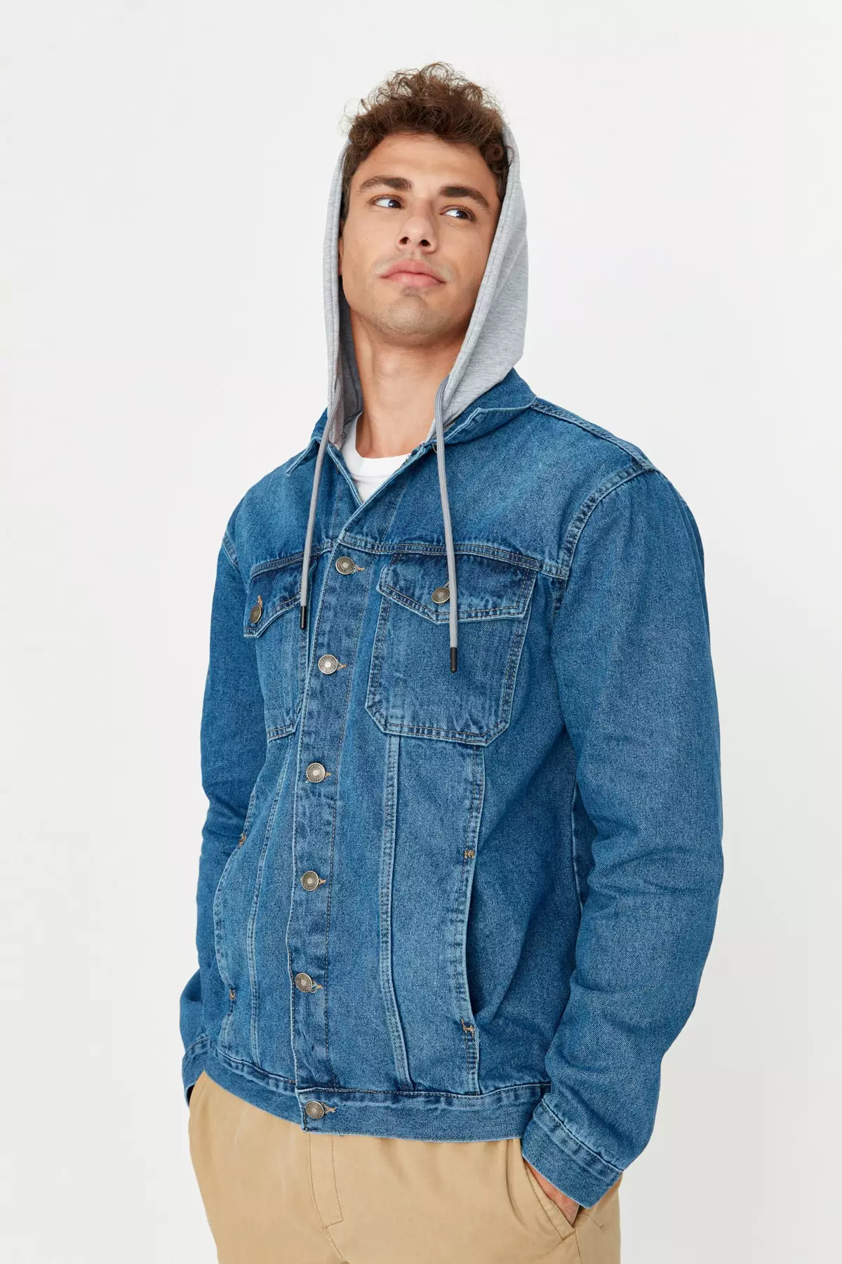 Trendyol Men's Indigo Regular Fit Knitted Denim Jacket with a Hooded ...