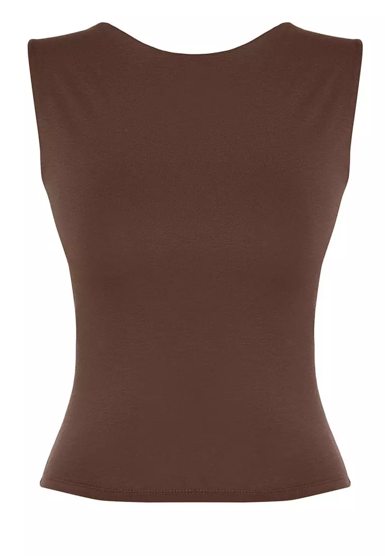 Brown Backless Fitted Regular Length Cotton Flexible Knitted Blouse Twoss24Bz00031