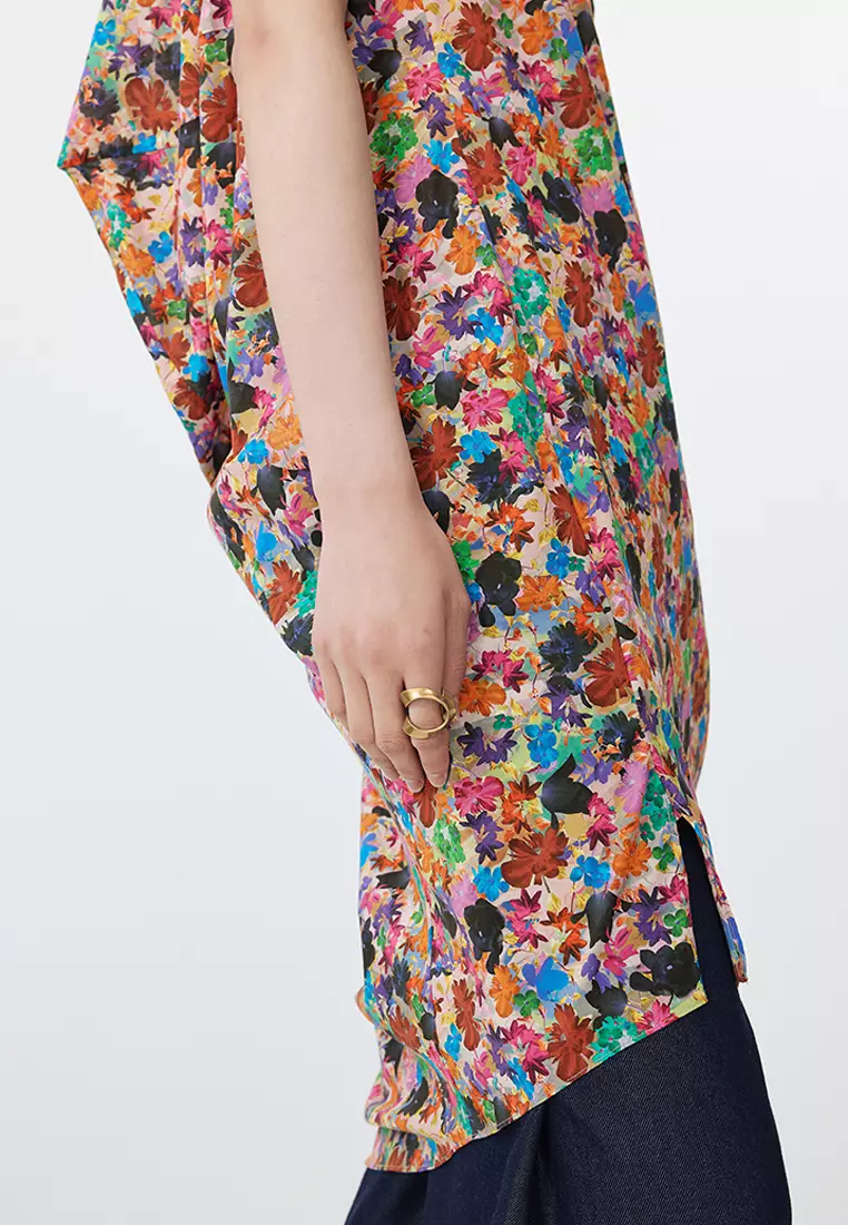 全棉未來主義花朵花型無袖連衣裙