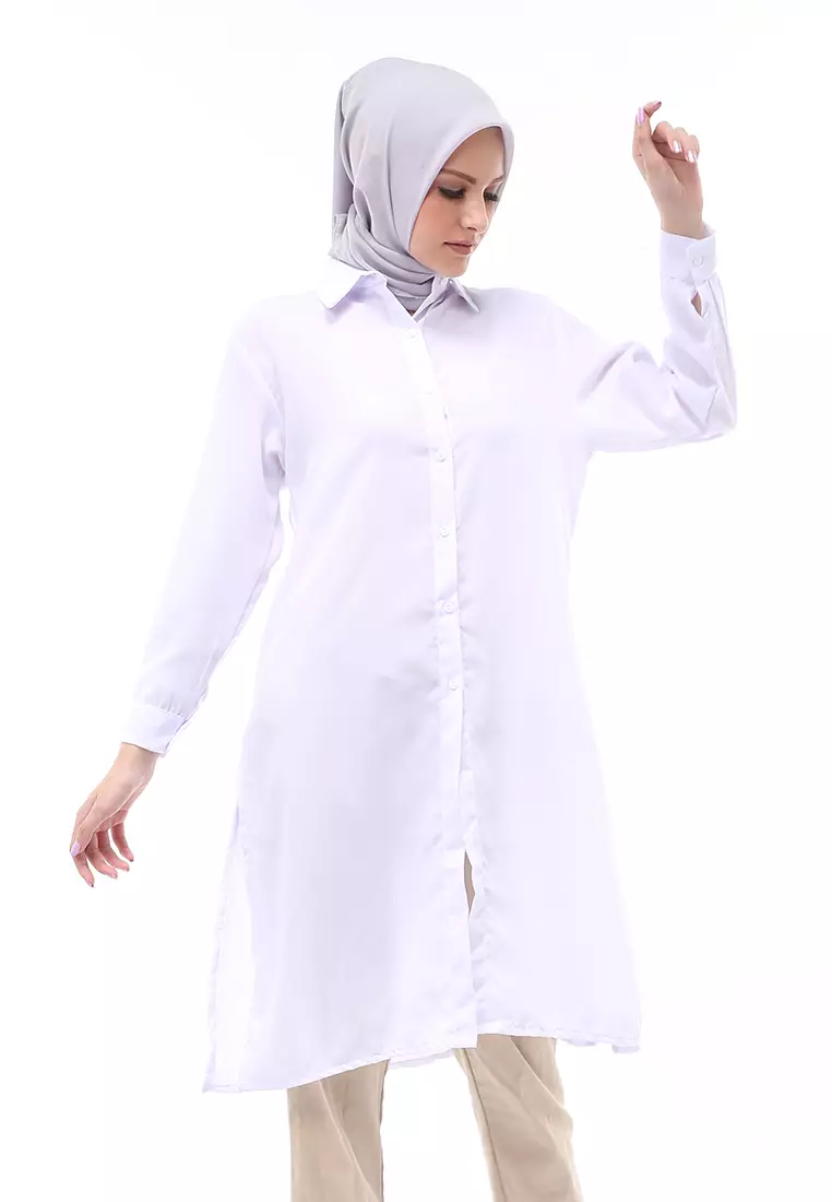 Septiyani Tunik Atasan Wanita Motif Polos Long Sleeve Regular Fit - White