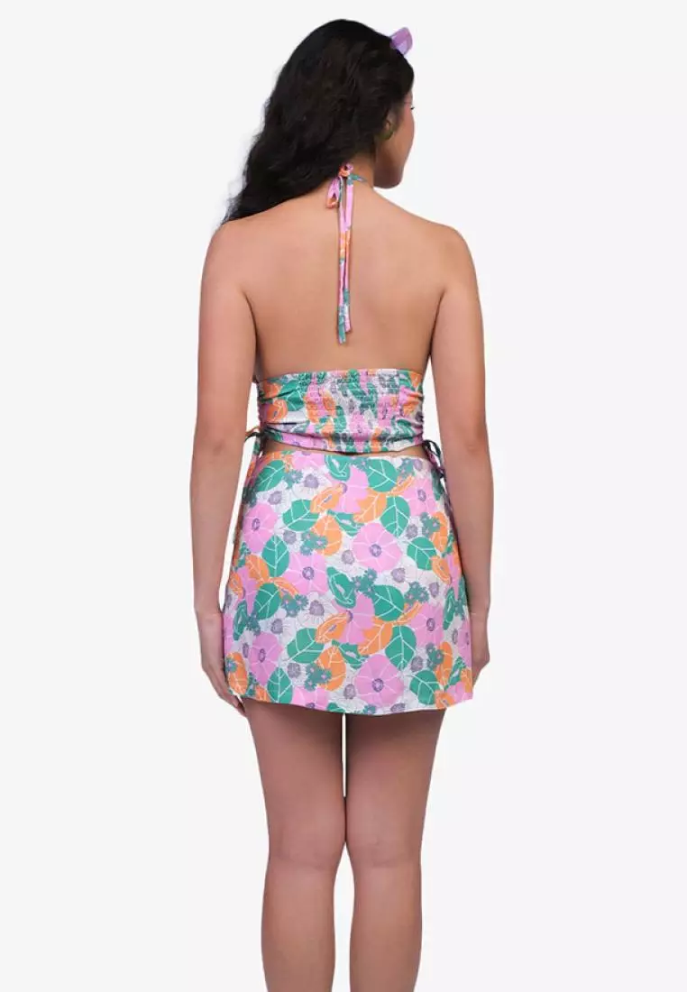 Groovy Floral Print Halter Top and Skirt Set