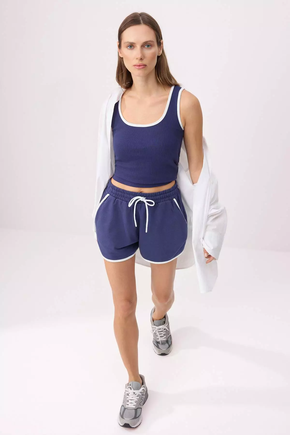 Navy Blue Ribbed Fitted/Fitted Fit Ribbed Stretch Knitted Top And Bottom Set With Pocket Detail Twoss26Au81