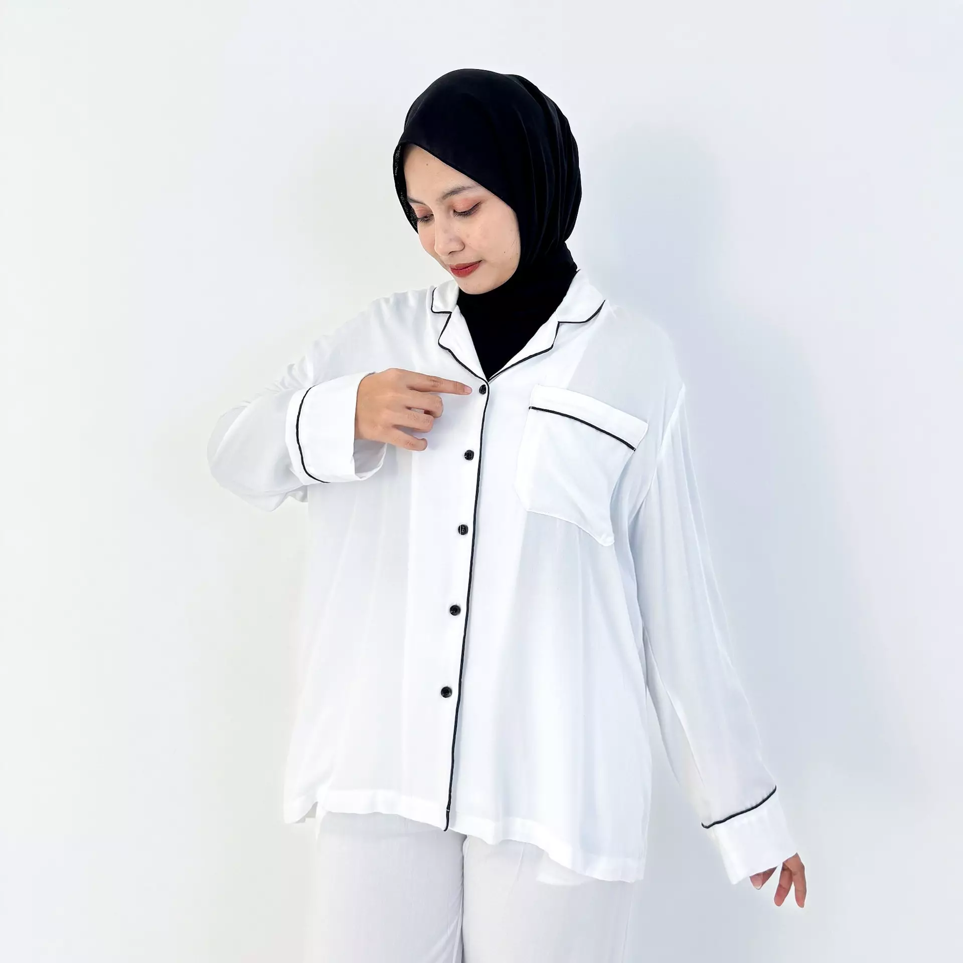 Pyjama Cotton Basic [PUTIH] SIZE M-XXL Baju Tidur Long Sleeve Long Pants Sleepwear