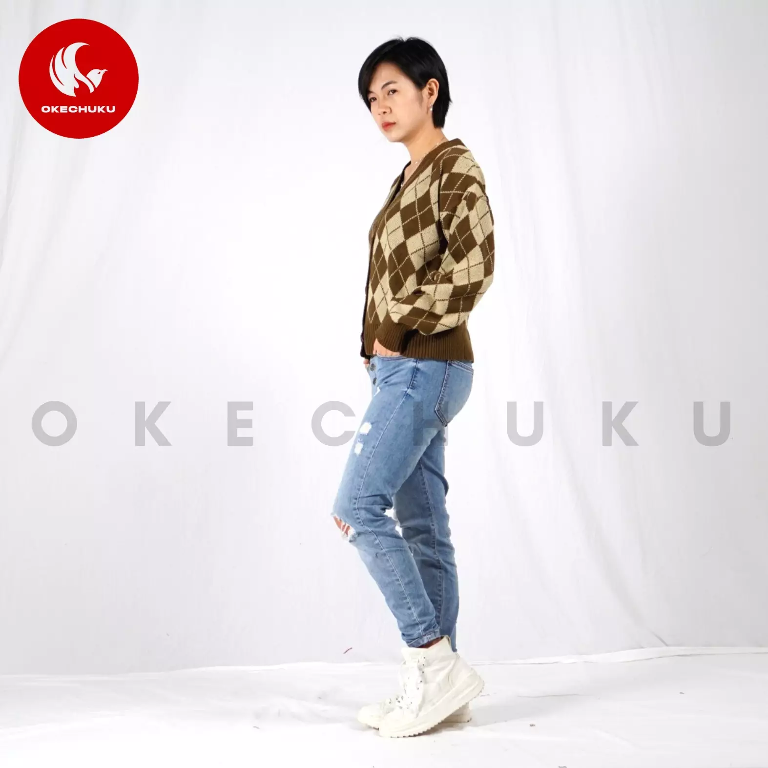  WINDY Cardigan Rajut Wanita Motif Kotak Knit Cardigan Korean Style - BRONZE