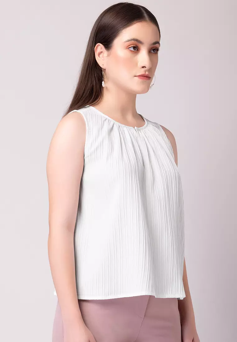 White Textured Sleeveless Blouse