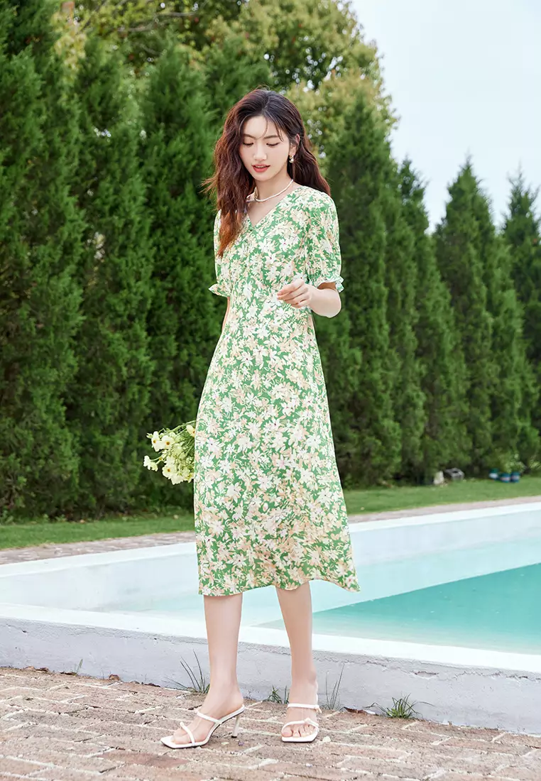 Puff Ruffled Sleeve Summer Midi Dress