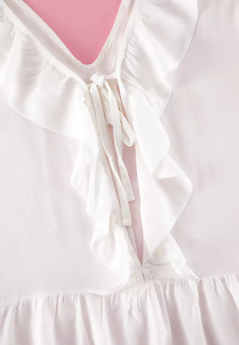 Ecru Ruffle and Tie Detail Woven Pajama Set TBBSS25AI00099