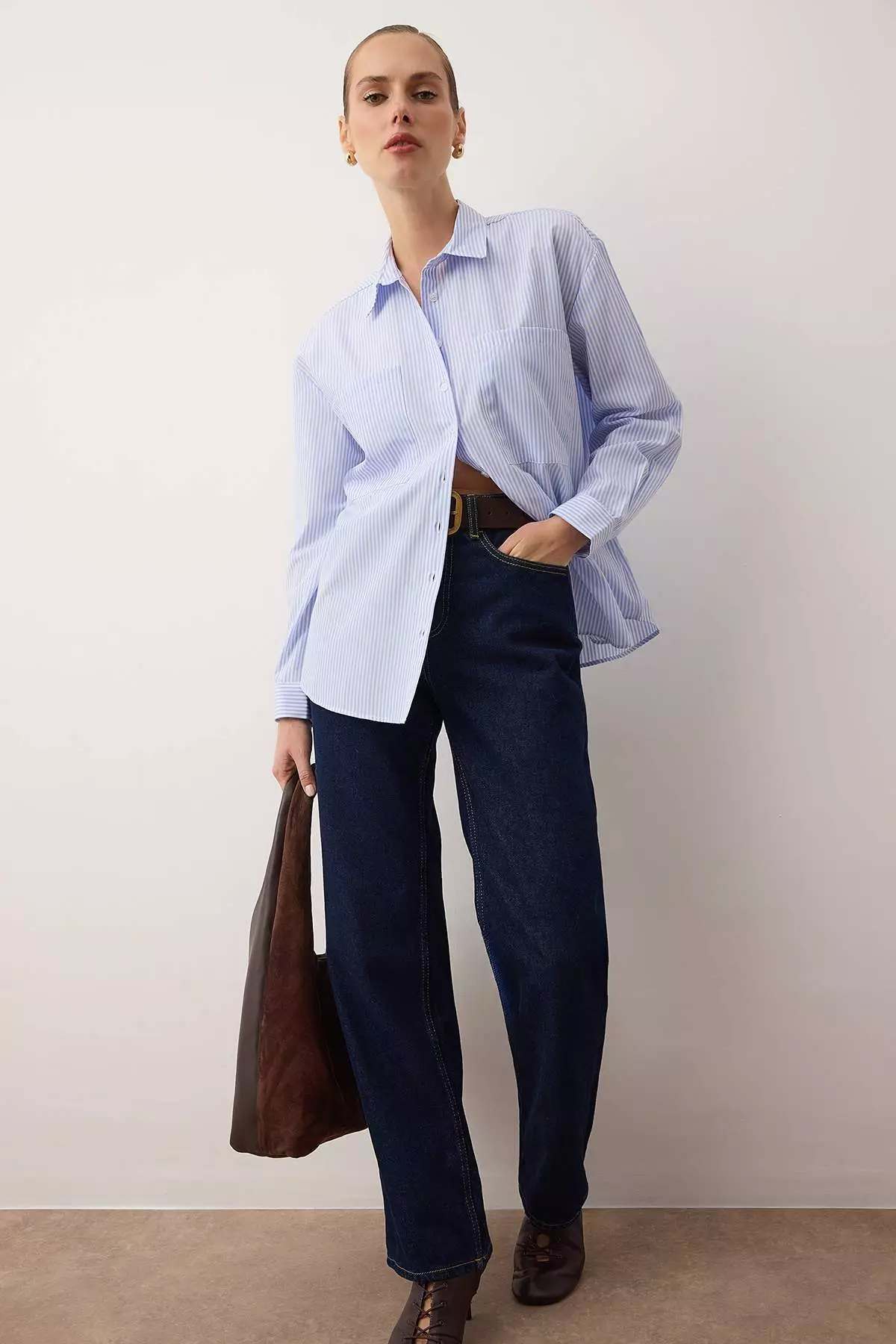 Blue Striped Pocket Detail Oversized/Wide Fit Woven Shirt