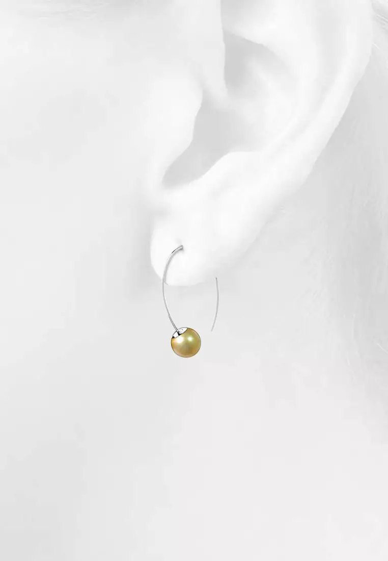 Solid 925 Sterling Silver Round Champagne Imitation Pearl Dangle Earrings