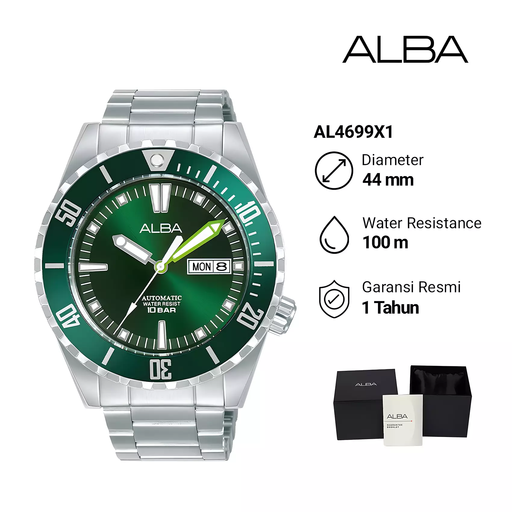 Alba Mechanical - Jam Tangan Automatic Pria - Green Dial - All Stainless Steel - AL4699X1