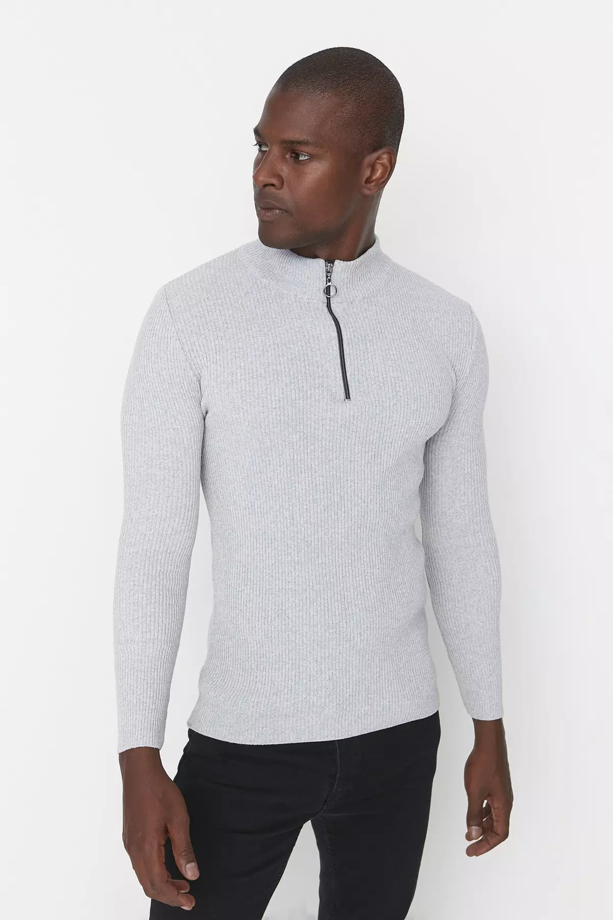 Gray Men s Slim Fit Half Turtleneck Zipper Corduroy Sweater