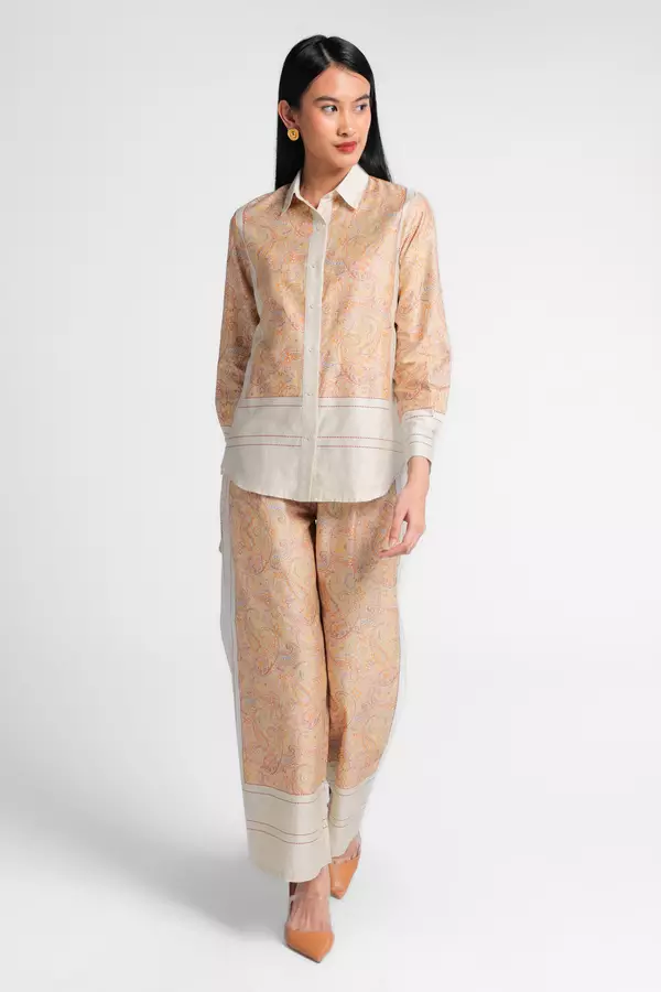 MINIMAL - Helene - Celana Lurus Katun Motif Paisley - Beige