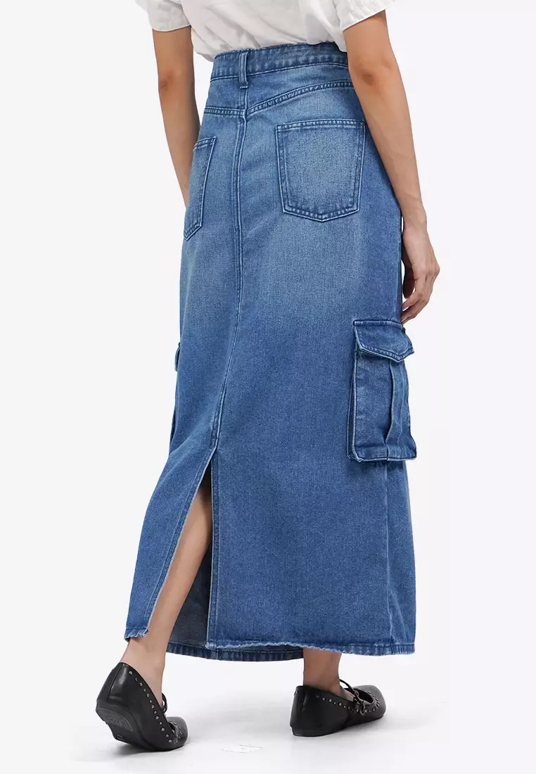 Denim Midi Skirt with Cargo Pocket