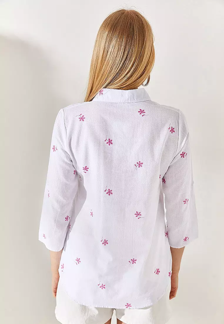 Floral Fold Sleeves Linen Shirt