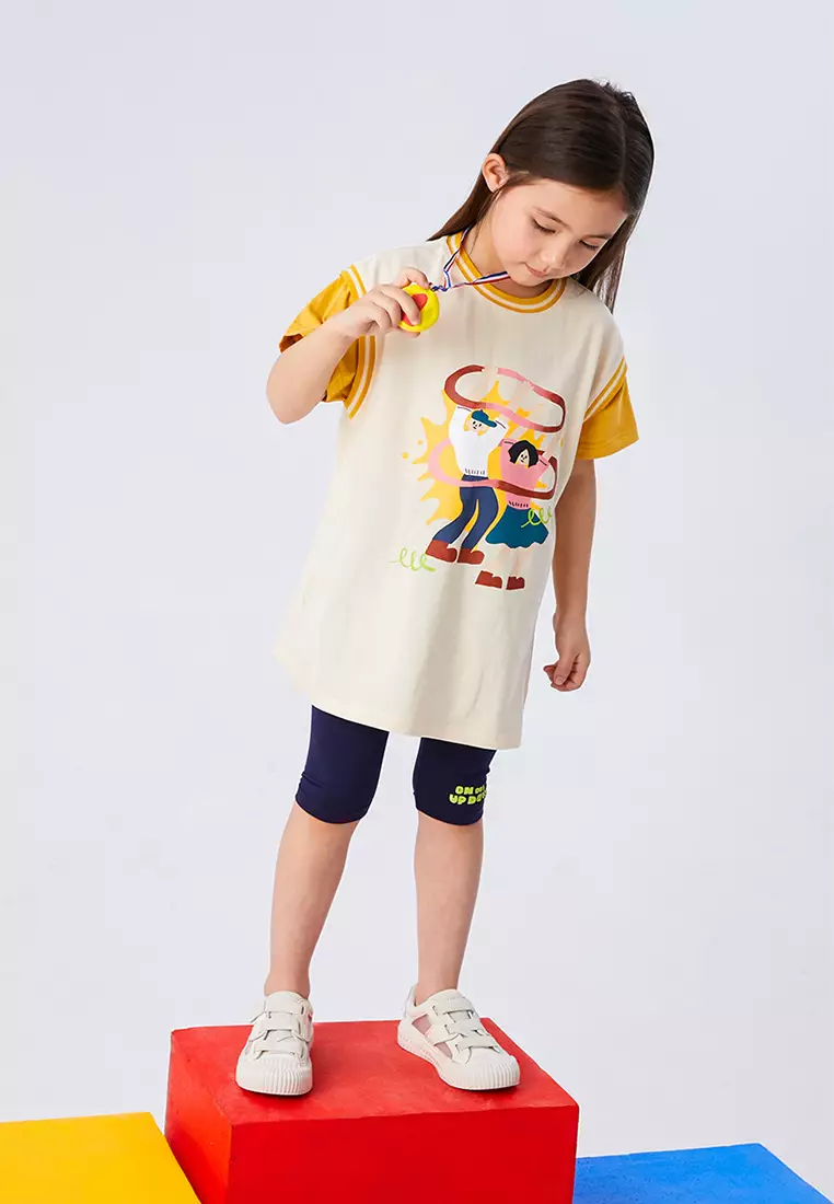 女童打底裤简约下脚口印花设计七分裤