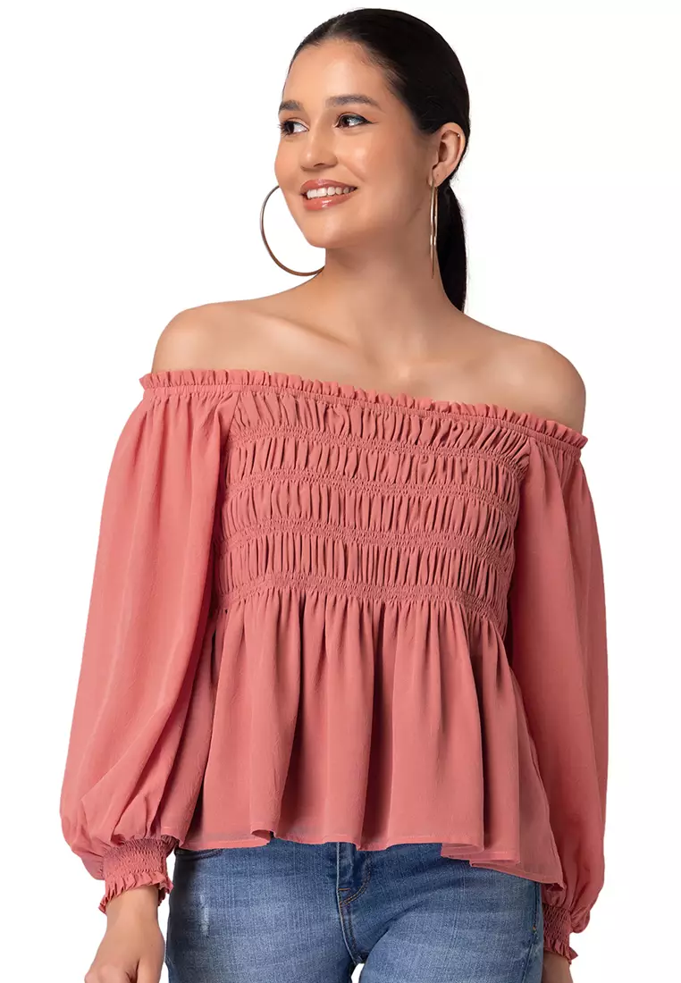 Buy FabAlley Peach Off Shoulder Smocked Peplum Top 2025 Online