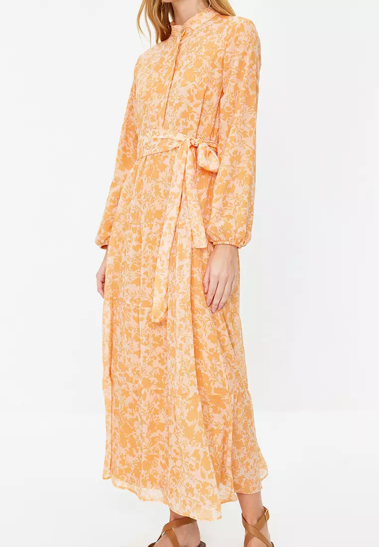 Light Orange Patterned Belted High Collar Lined Chiffon Woven Dress TCTSS21EL3346