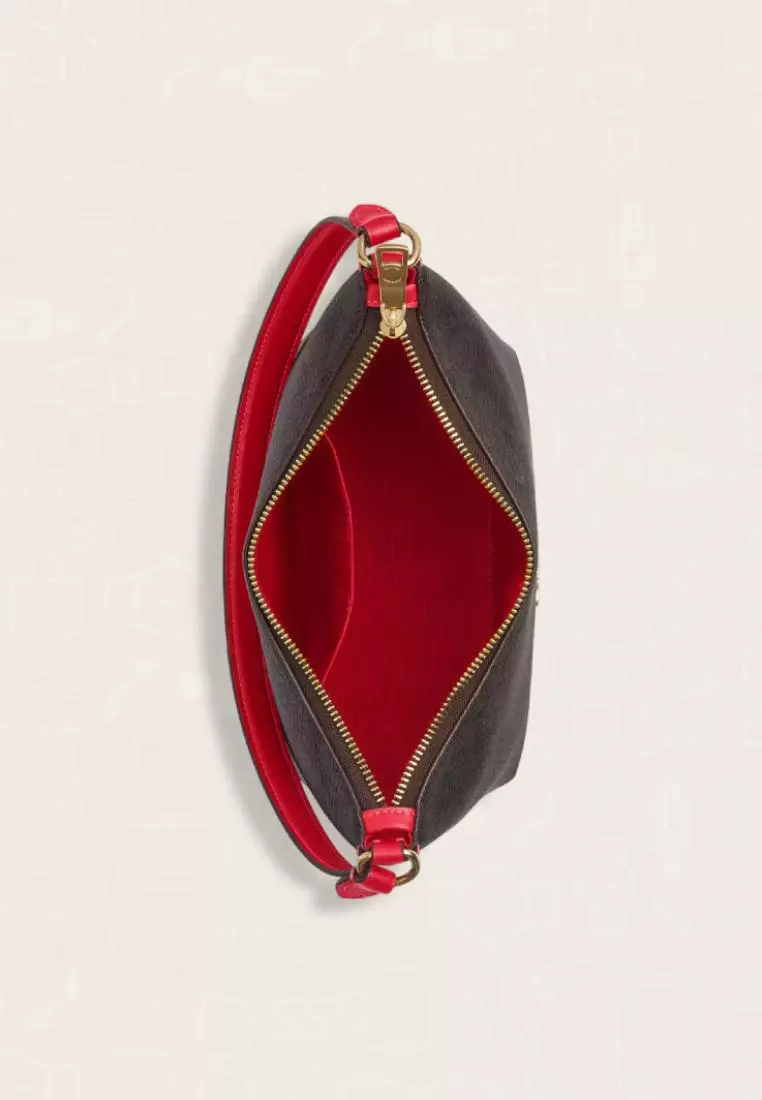 Coach Zip Top Shoulder Bag In Signature Canvas Walnut Bold Red