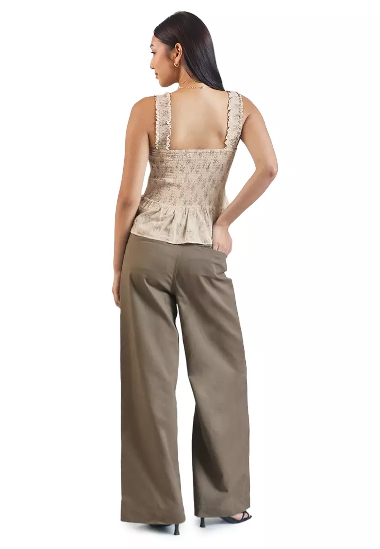 Twill Wide Leg  Pants with  Front Seam  and Pockets