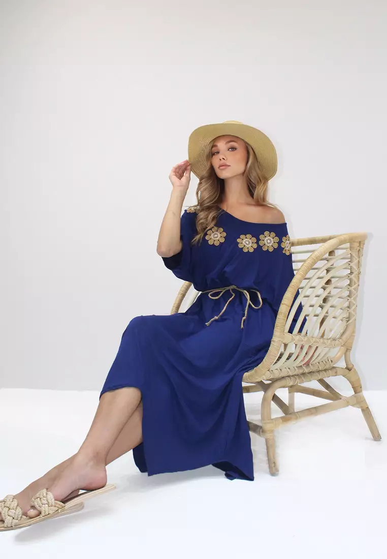 Embroidered Straw Belted Midi Dress