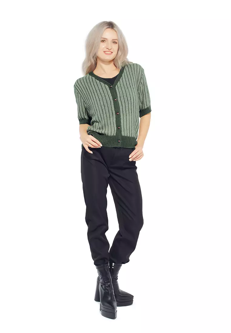 Atasan Rajutan Kabel Leher V Hijau