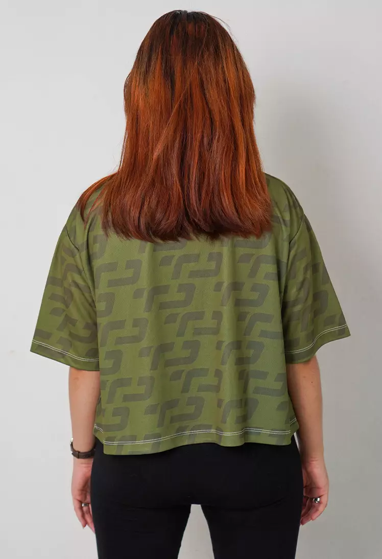 LSB35 baju olahraga wanita crop top oversize big size dry fit gym aerobic poundfit olive hijau tua